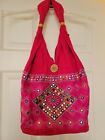 Vintage Hot Pink Embroidered Flashy Colorful Sequined Hobo Bag Purse Tote Bag