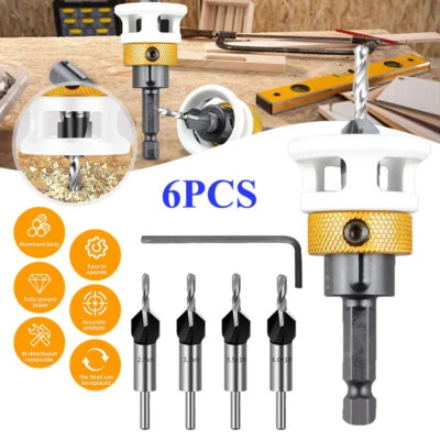 Holzbearbeitung Senkbohrer Set mit Sechskantschaft und Tiefenanschlag 6tlg Neu - Bild 1 von 4