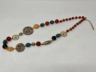 JOAN RIVERS Long Beaded Necklace w/Faux Wood, Amber, Blue, Gold & Black - Image 1 of 4