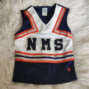 VARSITY Cheerleader Uniform Top White Blue Orange Cheer Made Sz 32+1 - Picture 1 of 8