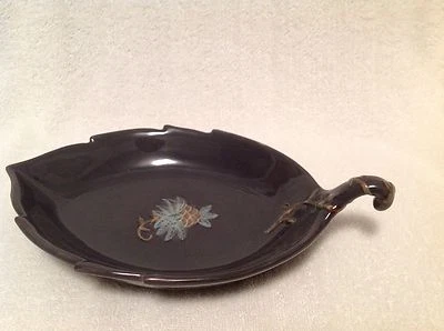 Stoneware Serving Dish Smokey Grey Leaf Design Brand New Stem Handle By Amscam - Image 1 of 4