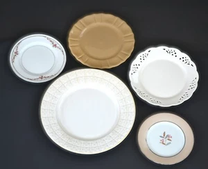 Mismatched Plate Wall Gallery Decor Neutral White Tan Cottage Shabby Set of 5 - Picture 1 of 10