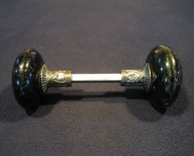 Pair Antique Victorian Jet Black Porcelain Door Knob Eastlake Shank - BLW 1890's - Image 1 of 4