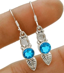 Pendientes de plata de ley 925 con topacio azul impecable hoja natural 1/2"" de largo @3-4 - Imagen 1 de 1