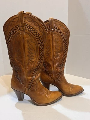 Botas vaqueras Dan Post vintage años 70 cuero coñac tostado tacones occidentales talla 6,5 Foto 1 de 4
