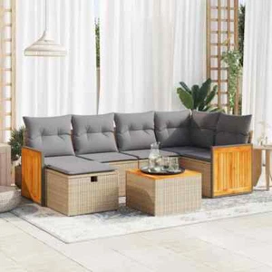 7-tlg. Garten-Sofagarnitur mit Kissen Beige Poly Rattan - Bild 1 von 11