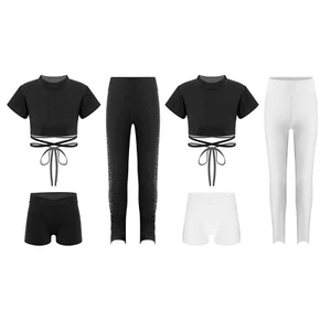 Kids Girls Set Lace-Up Outfit Crop Top Suit Shorts Fitness Cross Waist Exercise - Picture 1 of 27