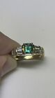 Art Deco Style 18K Yellow Gold Gem Natural Emerald Diamond Baguette Ring (Sz 7)