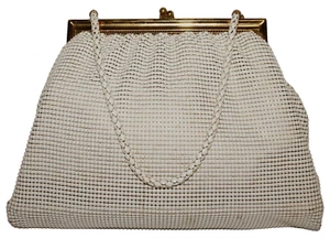 60's Vintage WHITING & DAVIS Small Ivory Coated Brass Mesh Clutch Handbag 7x9 - Picture 1 of 17