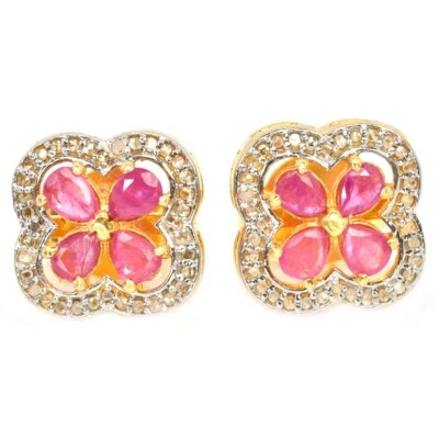 925 STERLING SILVER  FLOWER STUD EARRING NATURAL PINK RED RUBY PEAR SHAPE 4X3MM. - Image 1 of 4