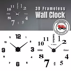 Large DIY 3D Frameless Number Wall Clock Mirror Sticker Home Office Room Decor - Picture 1 of 18