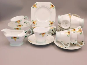 JUEGO DE TÉ VINTAGE PLANTA TOSCANA ART DECO PORCELANA HUESO 29 PIEZAS. - Imagen 1 de 5