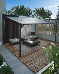 10'x 14' Lean to Gazebo, Patio Deck Hardtop Wall Pergola with Polycarbonate Roof - Picture 1 of 9