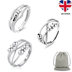 925 Sterling Silver Beads Spinner Adjustable Anxiety Ring Womens Jewellery Gifts - Picture 1 of 42