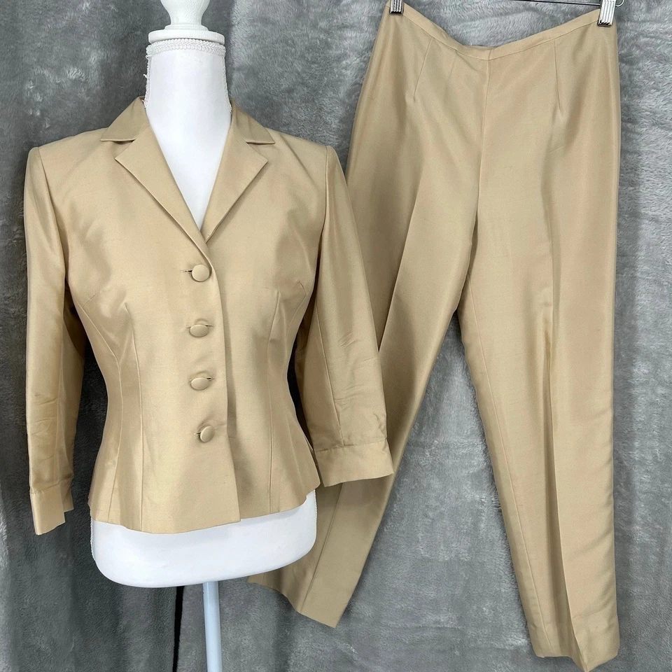 Conjunto Blazer Pantalones Maggy London Petite 100% Seda Dorado Claro Mujer Talla 2 Tostado Foto 1 de 4