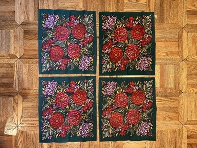 Set Of 4 Green Red Zinnias Lilacs Floral Napkins 100% Cotton Made In France - Image 1 of 4