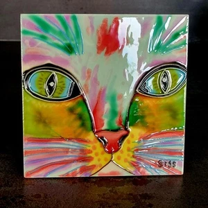 Claudia Sanchez CGS Hand Painted Cat Ceramic Art Tile Wall or Stand Alone 6"x6" - Imagen 1 de 8