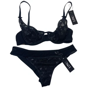 Set mutandine reggiseno Lou Paris Lingerie geometriche a rete trasparente nere piccole nuove con etichette - Foto 1 di 12