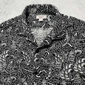 Wallace & Barnes Shirt Mens Large Black White Camp Collar Dobby Scribble Cotton - Picture 1 of 8