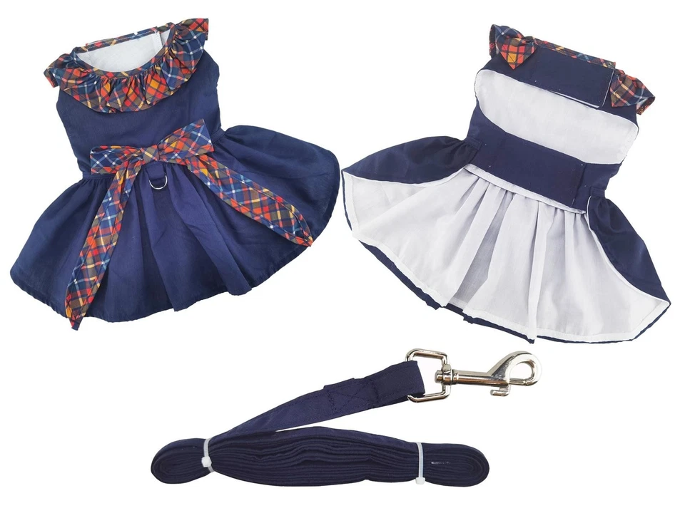 NEW 🍂 Fall Chic: Navy Dog Dress with Plaid Ruffles & Matching Leash - Image 1 of 3
