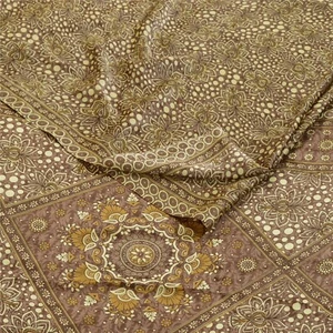 Sanskriti Vintage Sarees Brown Moss Crepe Printed Sari Soft Floral Craft Fabric - Picture 1 of 8