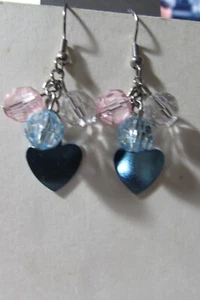 VINTAGE pierced earrings/blue metallic heart/pink/blue beads - about 1 1/2" long - Picture 1 of 5
