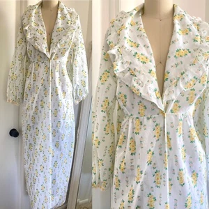 VTG 70s Floral Robe Ruffle Yellow Callico 38/40 Cotton Blend Long Maxi Boho USA - Picture 1 of 8