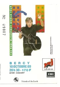 RARE / TICKET BILLET CONCERT - PAUL McCARTNEY LIVE FRANCE PARIS 1989 THE BEATLES - Imagen 1 de 1