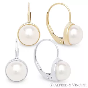 Orecchini Pendenti a Goccia Leverback Perla Acqua Dolce Bianco Coltivato Solido Oro 14k - Foto 1 di 3