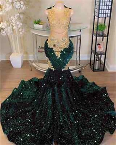 Abiti da ballo verde scuro a sirena neri per ragazze applique perline nappe abito da festa - Foto 1 di 5