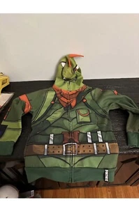 Fortnite Boys Green Rex Dinosaur Cosplay Hoodie Zip Front Sweatshirt Medium - Picture 1 of 6