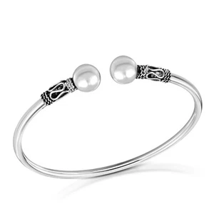 Modern Ball Sphere Balinese Rope Open-Ended Sterling Silver Cuff Bracelet - Picture 1 of 5
