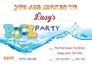 POOL PERSONALISED BIRTHDAY PARTY INVITES Invitations Pack of 10 - Picture 1 of 1