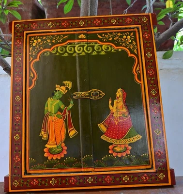 Antique Wooden Window Hand Painted Radha Krishna Rajasthani Wall Hanging Frame - Image 1 of 4
