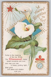 Embossed Birthday Postcard Calla Lily Flower Diamond Symbol Early 1900s - Picture 1 of 3