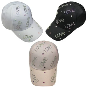 Women's Hat Love Adjustable Baseball Cap Iridescent Rhinestones Bling Studded - Picture 1 of 20