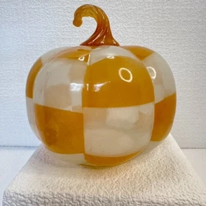 Anthropologie Glass Pumpkin White and Orange Checkered Pattern - 6" Tall Retired - Picture 1 of 12