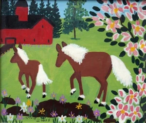 Mare and Foal With Spring Blossoms by Maud Lewis – Folk Art Country Farm Scene - Picture 1 of 2