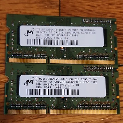 2 MacBook A1278 Micron 1GB 1Rx8 PC3-8500S SO-DIMM RAM Memory MT8JSF12864HZ-1G1F1 - Image 1 of 3