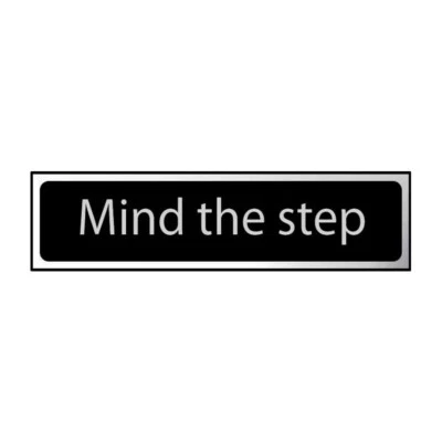 SPECTRUM Mind the Step Sign Self-Adhesive PVC - Black and Chrome Effect 200mm x 50mm