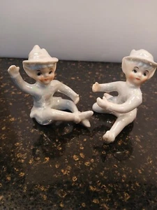 Vintage Set Of 2 Pixies Elves With Hats White Iridescent Candle Huggers Japan - Picture 1 of 13