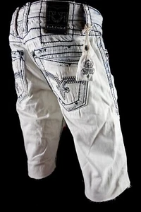 $220 Buckle Mens Rock Revival Jeans "Wray" Acid Wash Leather Inserts Shorts 33 - Picture 1 of 6
