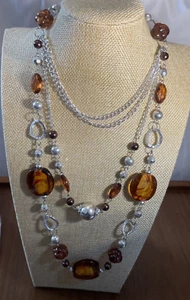 Multi Strand Long Amber & Metal Beads Necklace - Picture 1 of 11