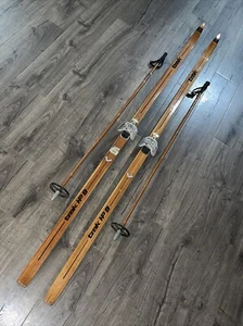 Vintage Wood Trak Finland Skis with Poles 79”Wooden Antique Decor Cabin Lodge - Picture 1 of 18