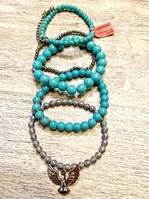 Pulsera elástica Howlita color turquesa 5 piezas dije tono plata suroeste Foto 1 de 4