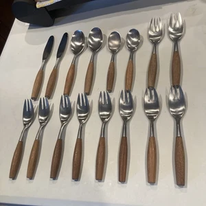 Set of SIXTEEN Dansk Fjord Teak Handle Flatware Lot Germany MCM  - Picture 1 of 23