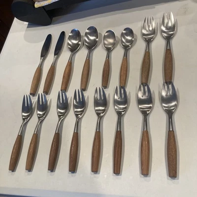Set of SIXTEEN Dansk Fjord Teak Handle Flatware Lot Germany MCM  - Image 1 of 4