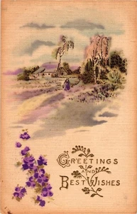 Postal de lino pintada a mano vintage de 1912 saludos mejores deseos Dixon IL - Imagen 1 de 2