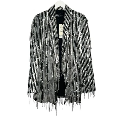 Blazer Zara Flecos Lentejuelas Plateado Talla XS NUEVO Foto 1 de 4