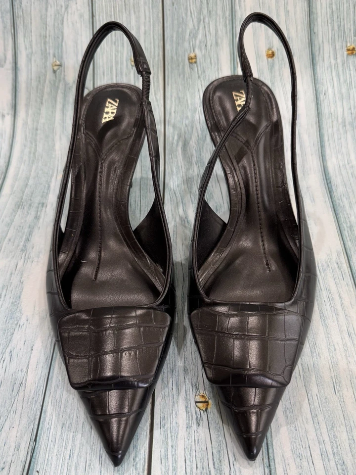 Zara Womens Slingback Pumps Size 5.5 or 36 Black Alligator Print - Image 1 of 4